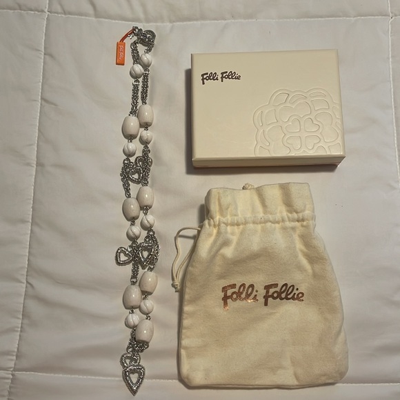 Folli Follie Silver Heart and White Bead Necklace 50 cm - Picture 6 of 7
